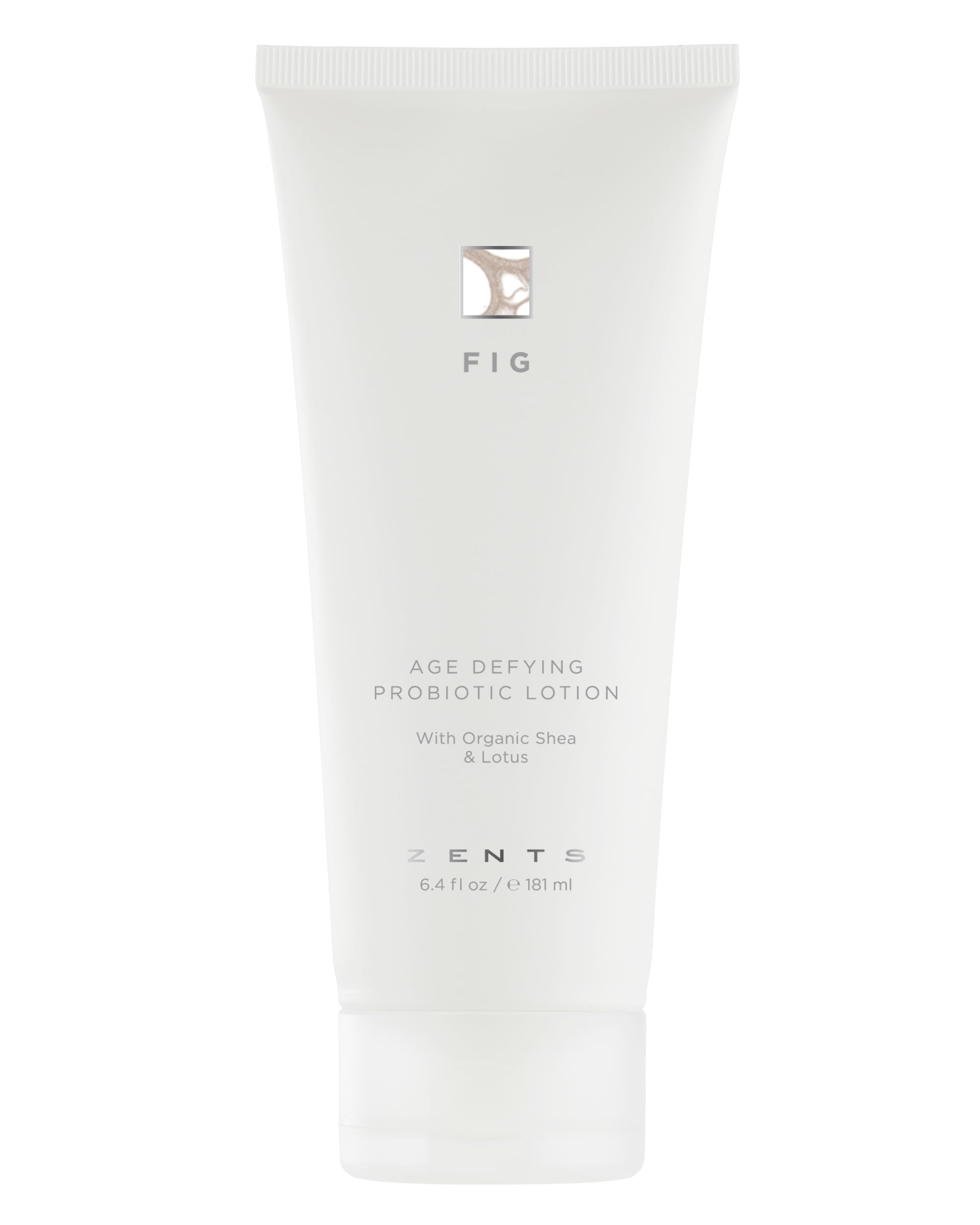 Zents Age-Defying Fig lotion bottle close-up highlighting probiotic hydration
