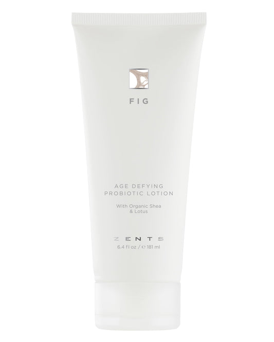 Zents Age-Defying Fig lotion bottle close-up highlighting probiotic hydration