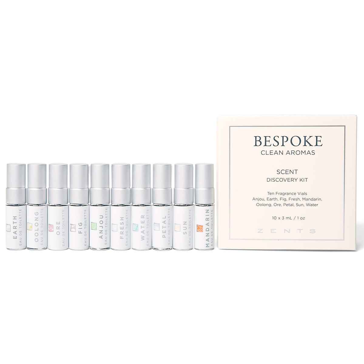 ZENTS fragrance sampler gift set with ten mini vials for scent discovery.