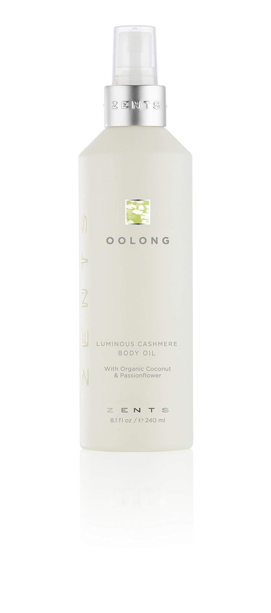Zents Luminous Cashmere Body Oil bottle shown for moisturized, glowing skin.