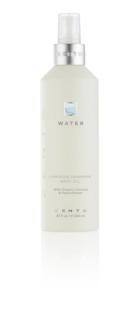 Zents Luminous Cashmere Body Oil bottle provides a lightweight, nourishing sheen for radiant skin.