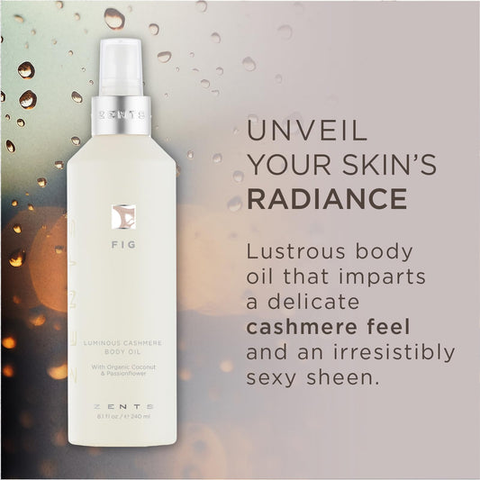 Close-up of ZENTS body oil bottle showing fig scent and lightweight glow on skin.