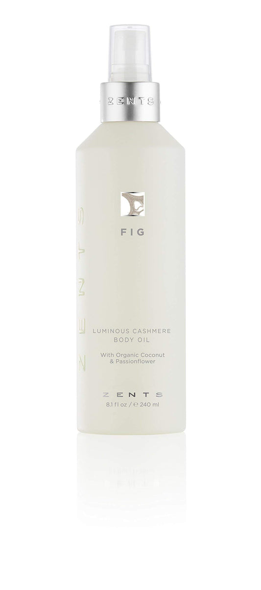 ZENTS Luminous Cashmere Body Oil bottle with Fig fragrance for radiant, nourished skin after shower.