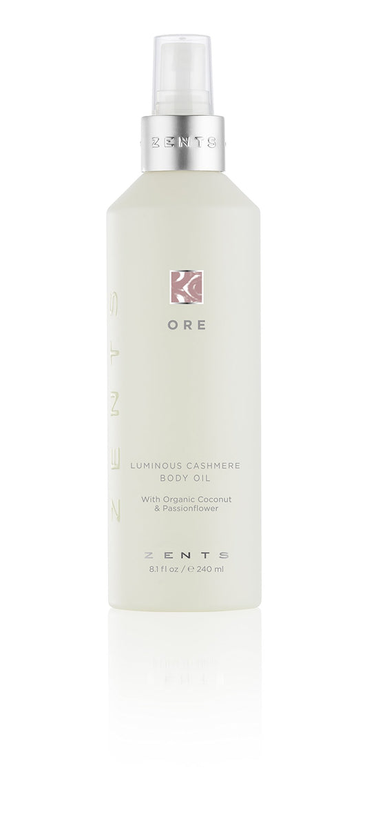 ZENTS Luminous Cashmere Body Oil bottle pour for lightweight hydration