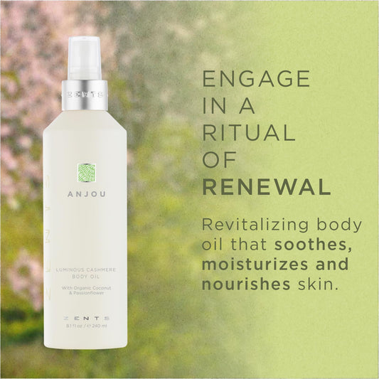 Zents oil being poured to create a silky, lightweight sheen on skin.