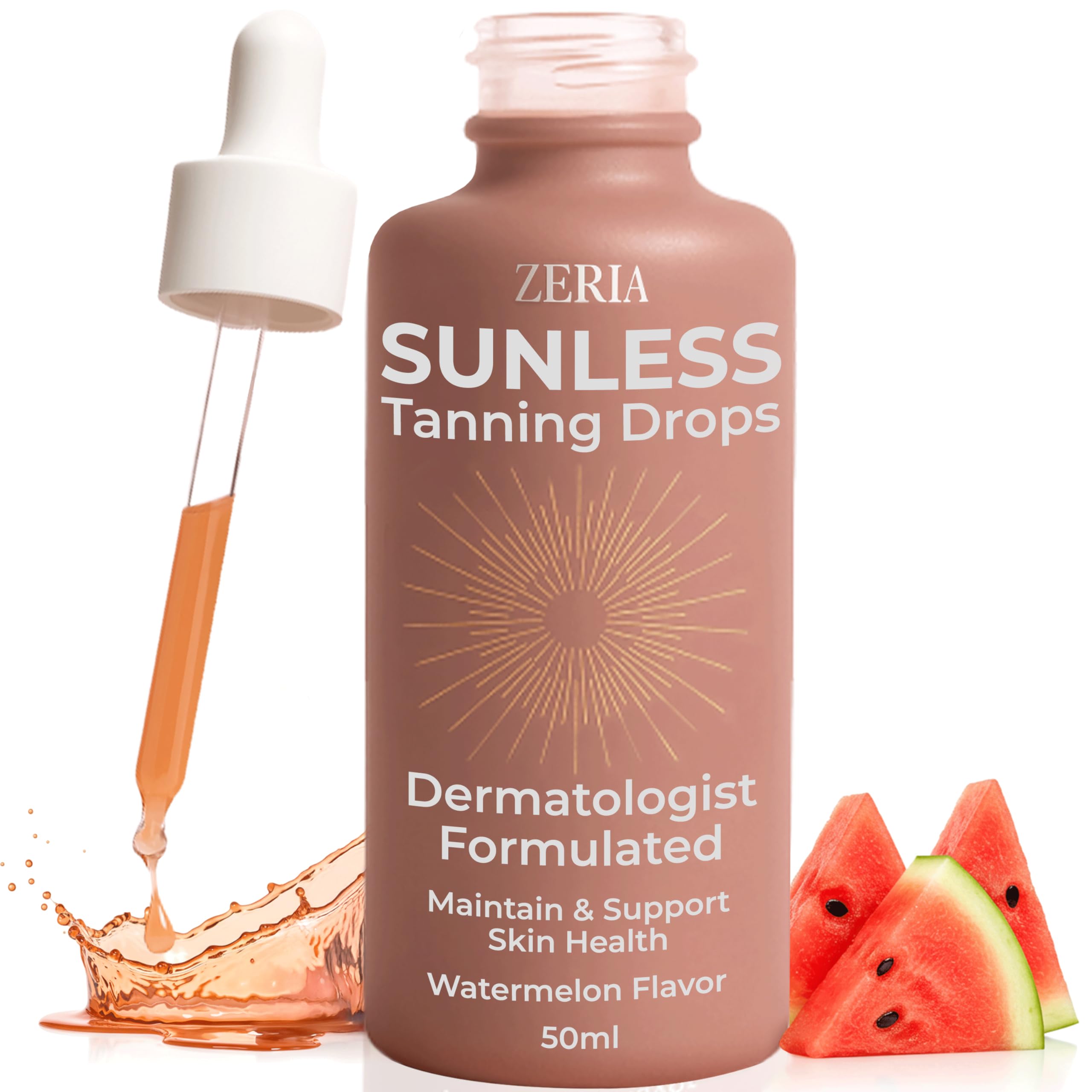 Zeria Tanning Drops drink bottle for mess-free sunless tanning.