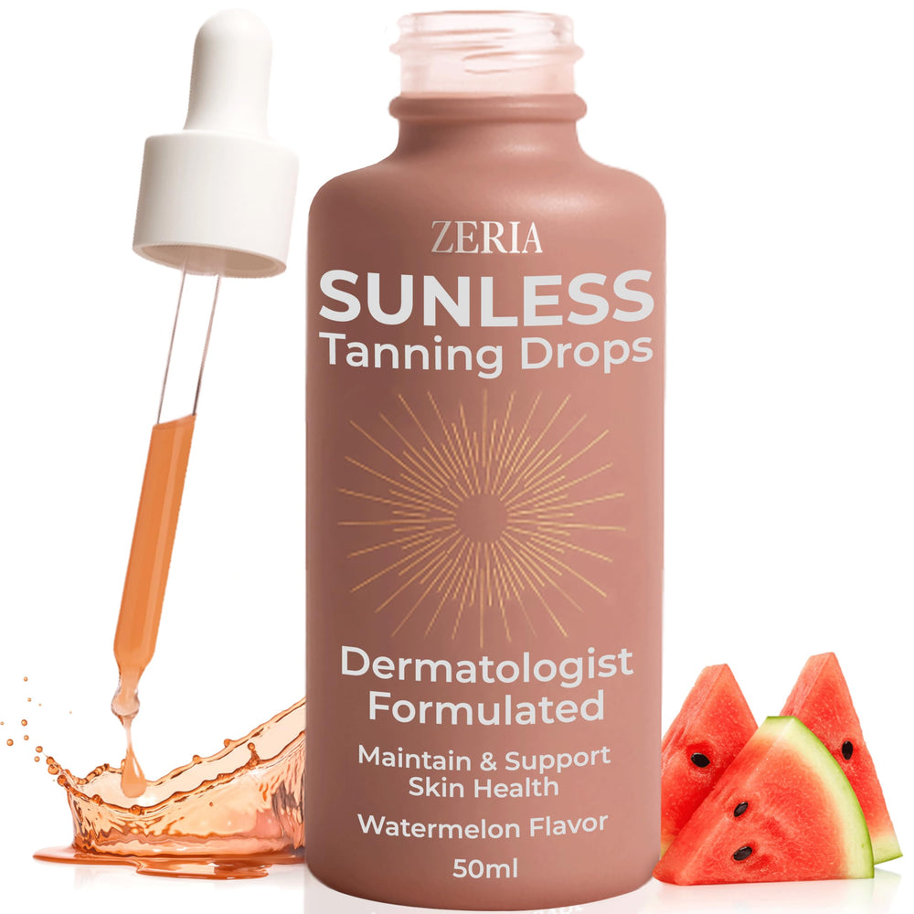 Zeria Tanning Drops bottle close-up, mess-free edible self-tanner for gradual glow.