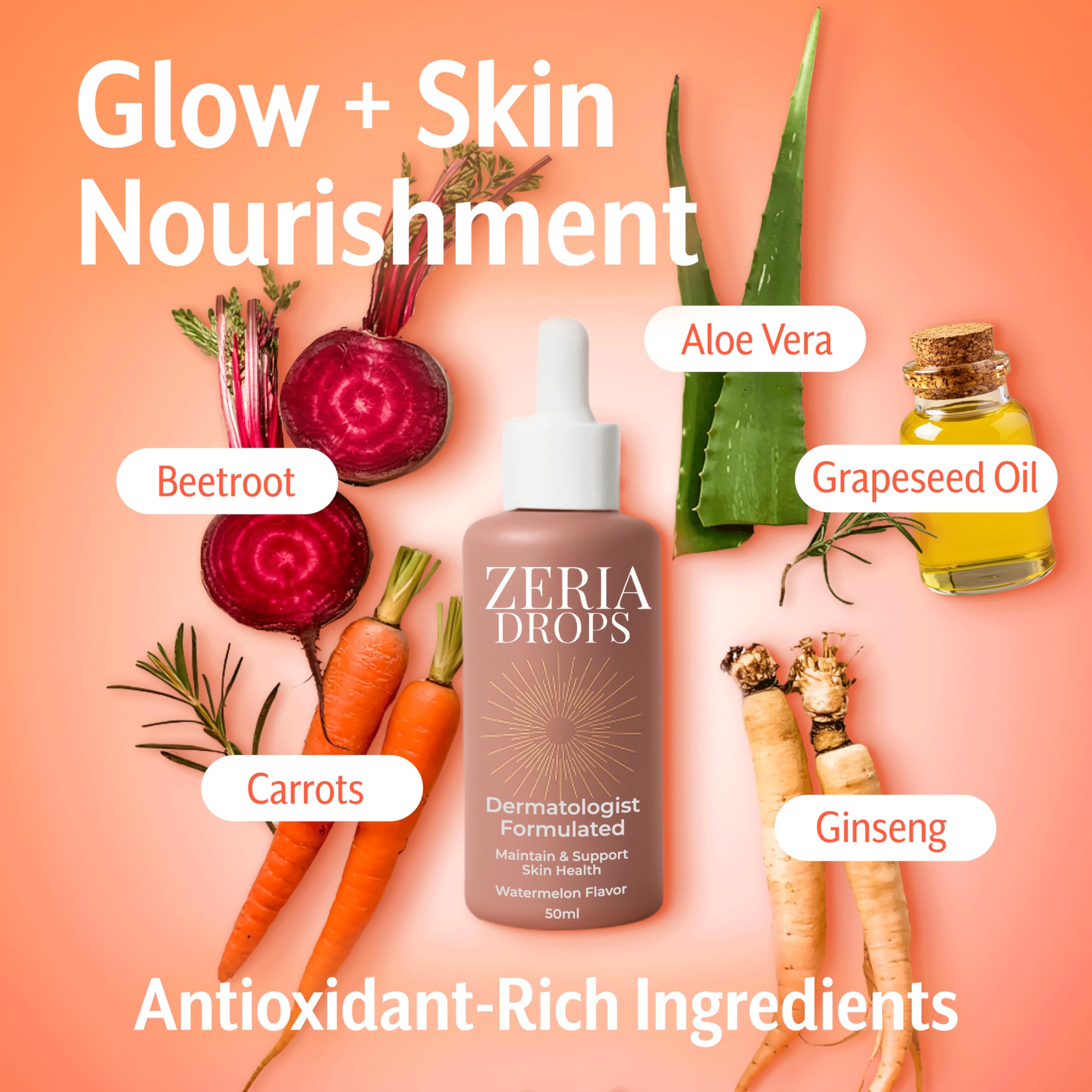 Zeria drops framed for face glow, hydration, and a sun-kissed look.