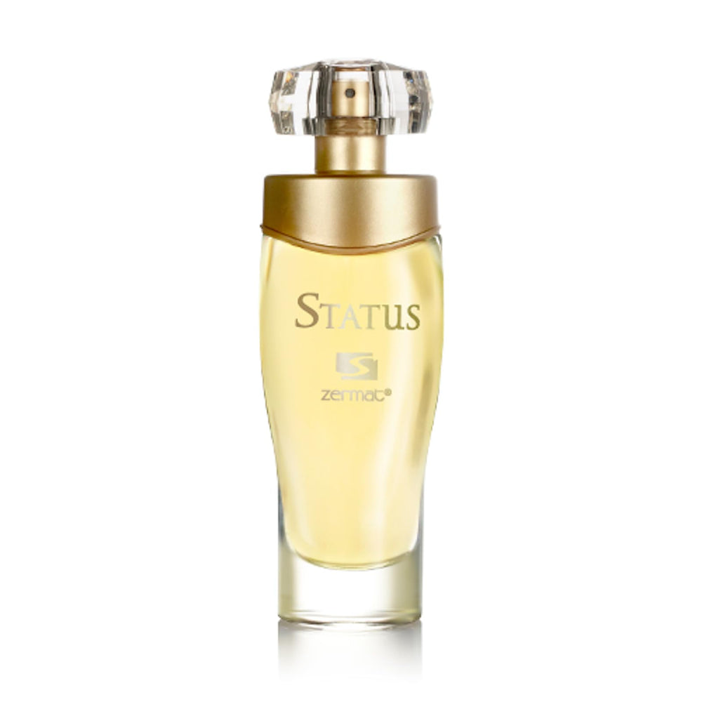 Zermat Status bottle front with elegant floral branding for a long-lasting fragrance.