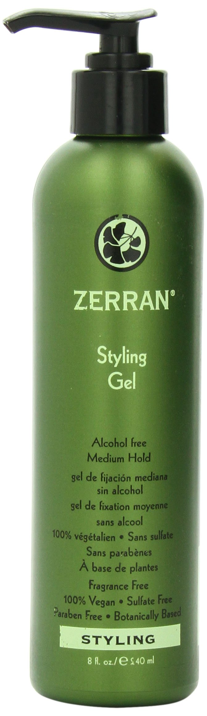 Zerran Hair Styling Gel 8-ounce bottle offers medium hold and natural texture.