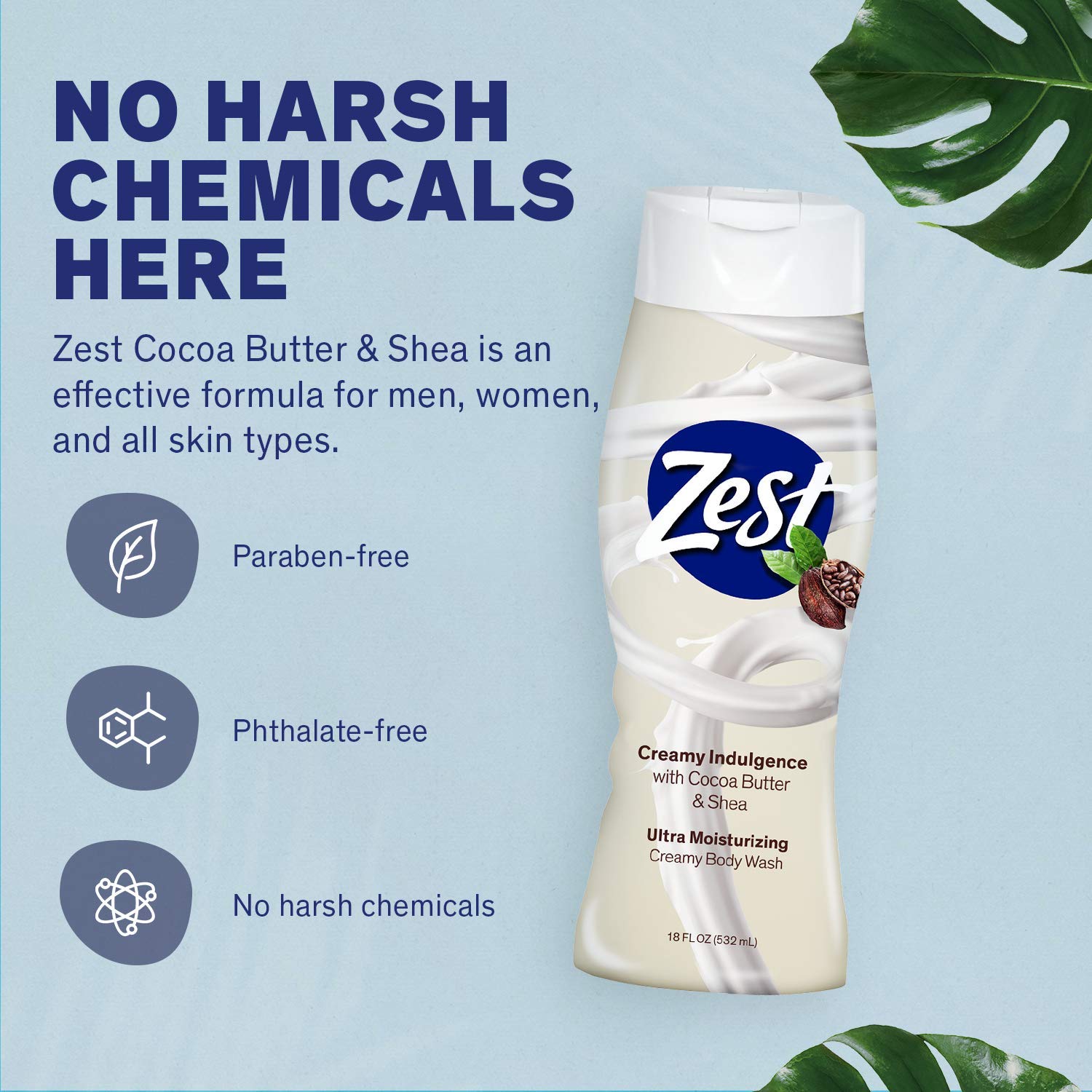Pumped dispenser of Zest Cocoa Butter and Shea suggests easy daily use.