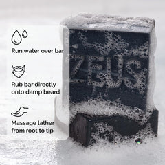 ZEUS Beard Wash Bar USA-made label highlights quality and local production.