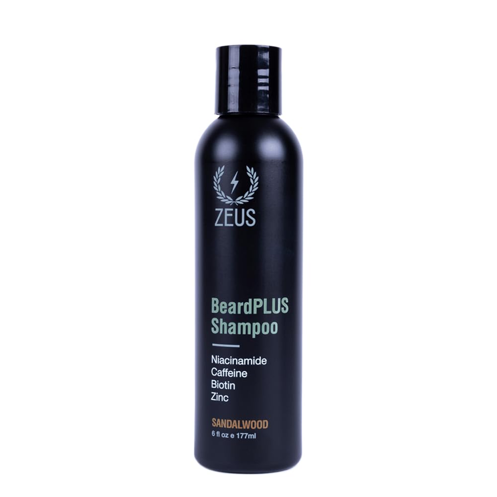 ZEUS BeardPLUS Shampoo bottle on display, daily beard care and hydration.