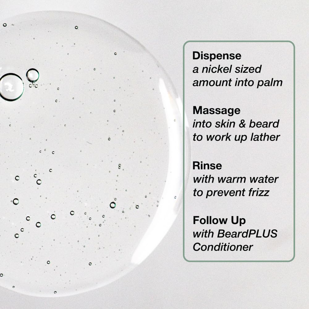 ZEUS BeardPLUS Shampoo close-up on hair showing hydrated, smoother texture.