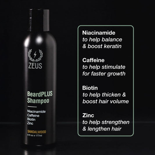 ZEUS BeardPLUS Shampoo lather shown in hand, cleansing beard and skin.