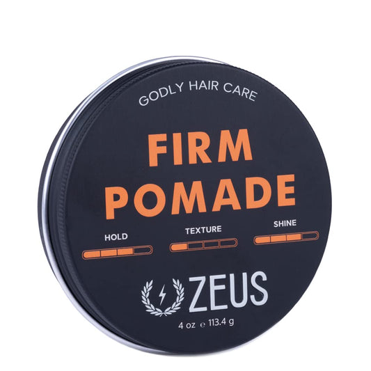 ZEUS Firm Hold pomade bottle shows a barbershop-ready finish that lasts all day.
