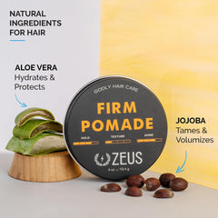 ZEUS Firm Hold pomade jar shows smooth texture for easy reshaping.