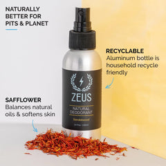 ZEUS natural deodorant bottle close-up, baking-soda-free for sensitive skin.