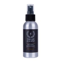 ZEUS sandalwood deodorant spray USA close-up, aluminum-free for all-day freshness.