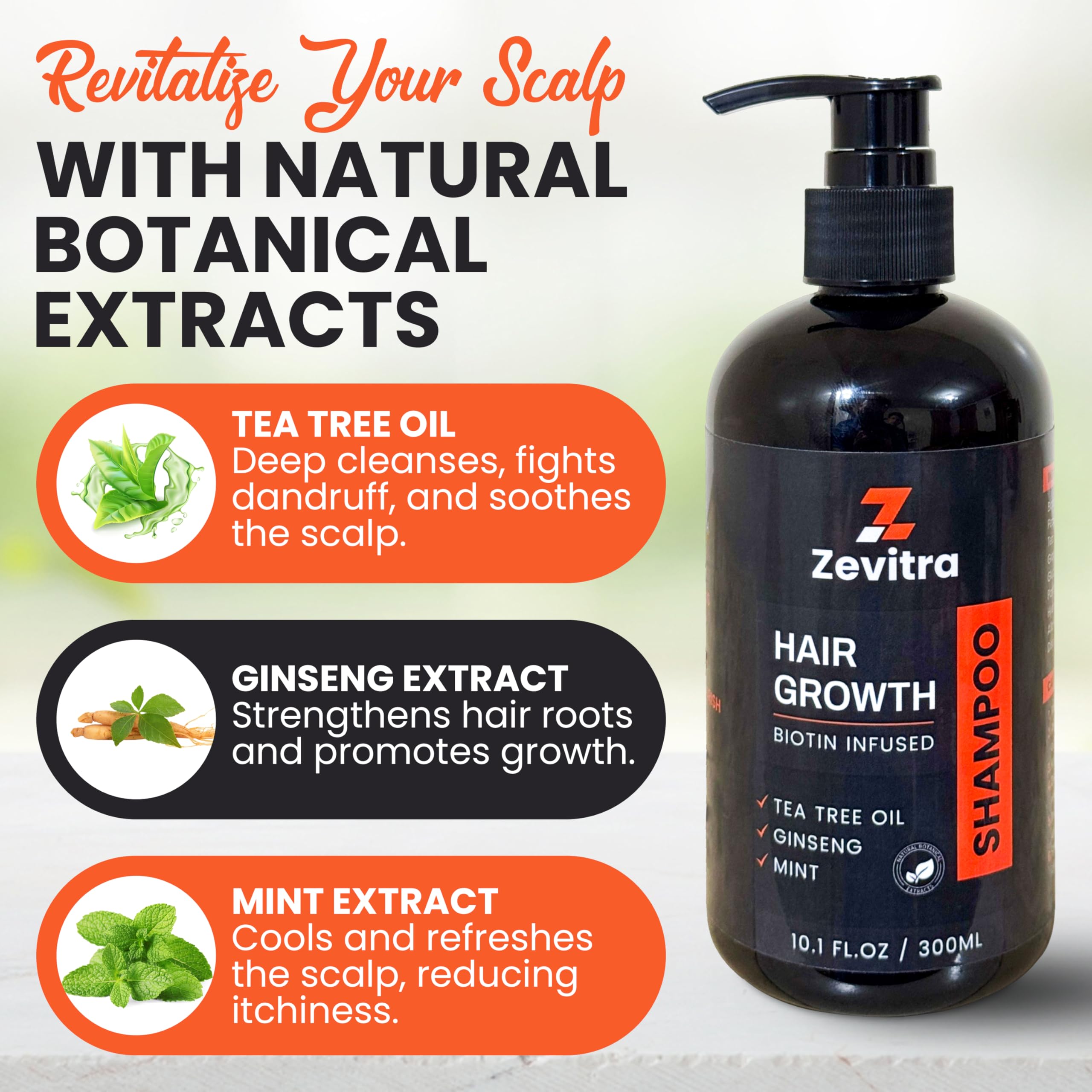 Zevitra Hair Growth Shampoo close-up with tea tree, ginseng, and mint.