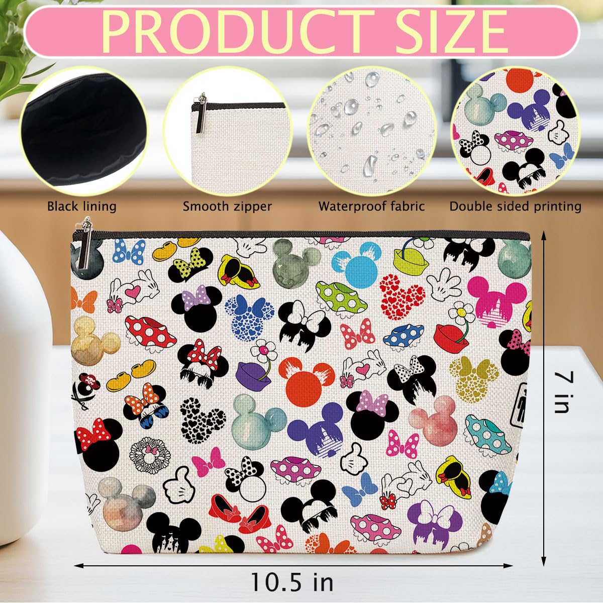 ZHAMEN mouse print linen bag is a durable travel companion for cosmetics.