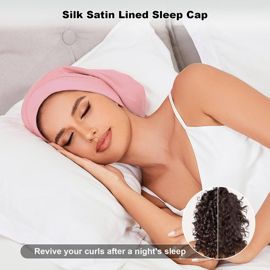 ZHENSILK adjustable-fit sleep cap demonstrates a secure, comfortable fit for peaceful sleep.