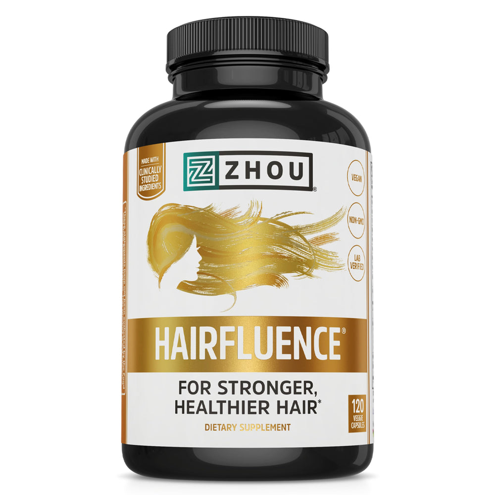 Zhou Hairfluence bottle cap pour for daily hair support.