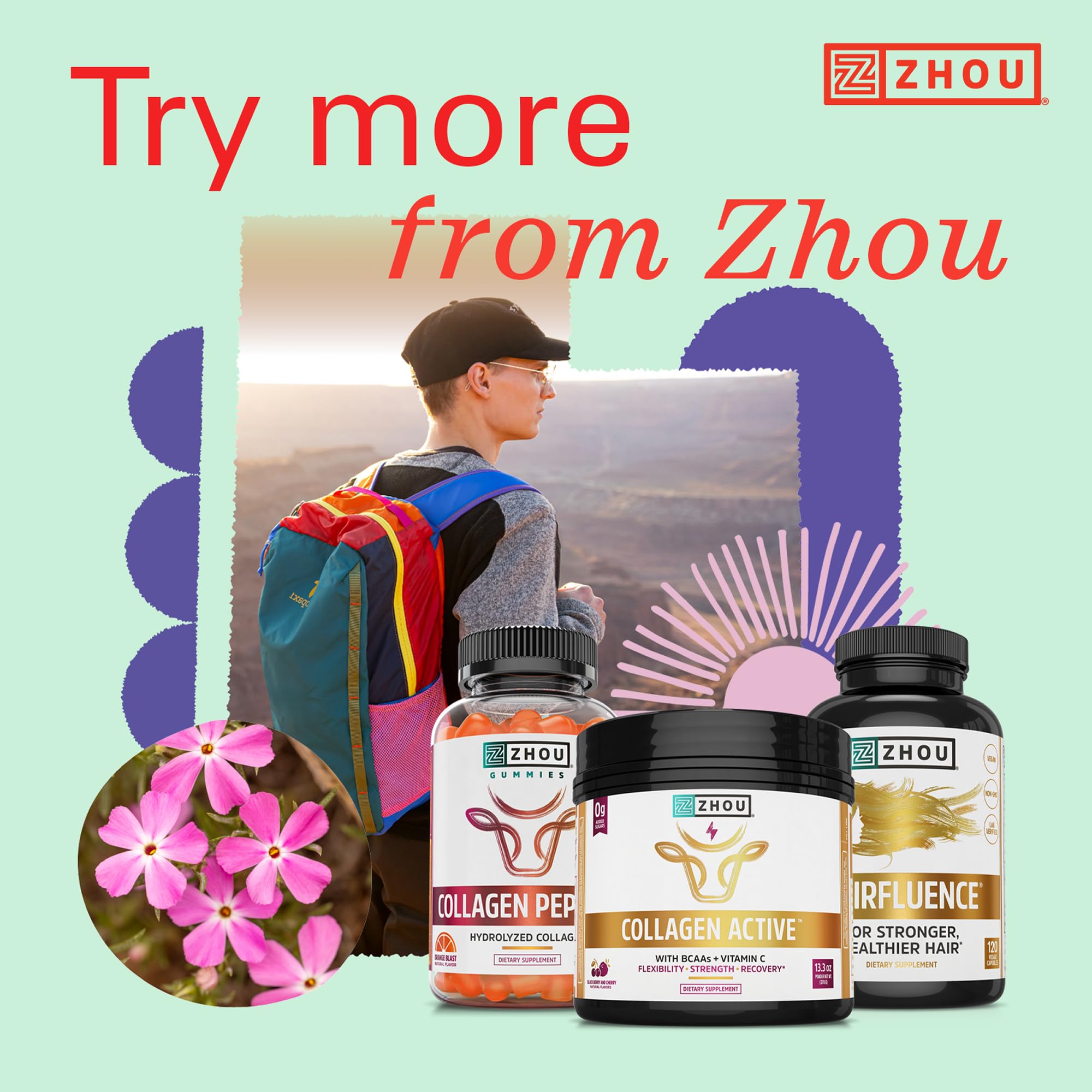 Zhou Hairfluence routine shot with capsules for hair and skin glow.