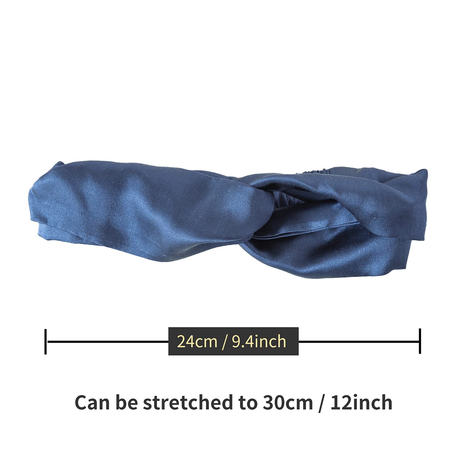 Back elastic detail of ZIMASILK navy blue silk headband for secure fit during workouts