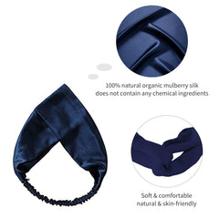 ZIMASILK navy blue silk headband twisted into a chic turban-style wrap