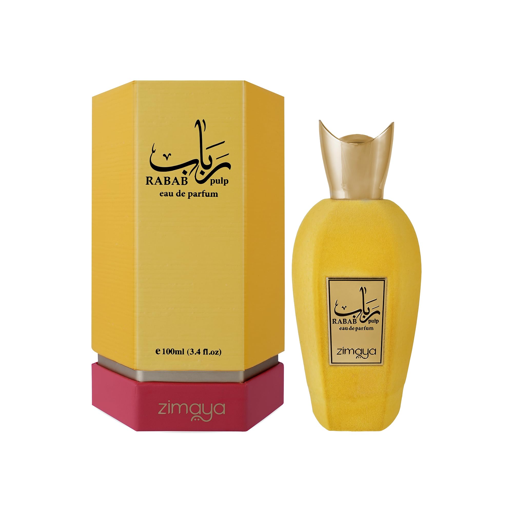 Zimaya Rabab Pulp bottle closeup reveals tropical notes like mango and orange blossom