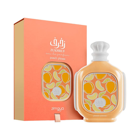Zimaya Zukhruf Peach Please bottle pour reveals creamy-fruity aroma balance.