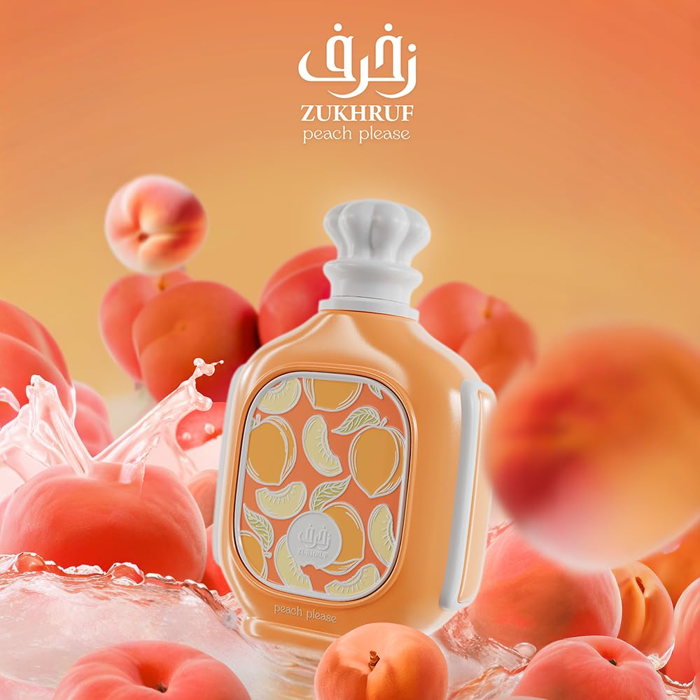Zimaya Zukhruf Peach Please packaging box, ideal gift-ready fragrance experience.