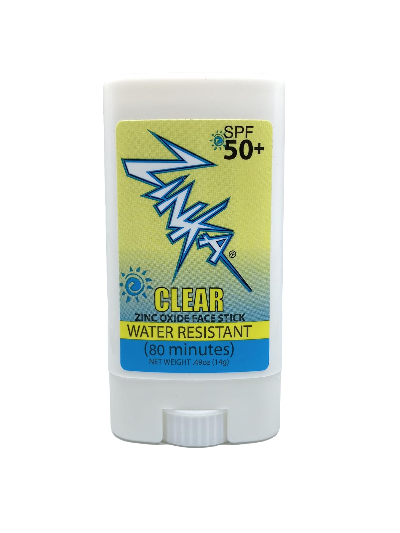 Zinka clear zinc oxide stick SPF50 cap showcases portable sun protection.
