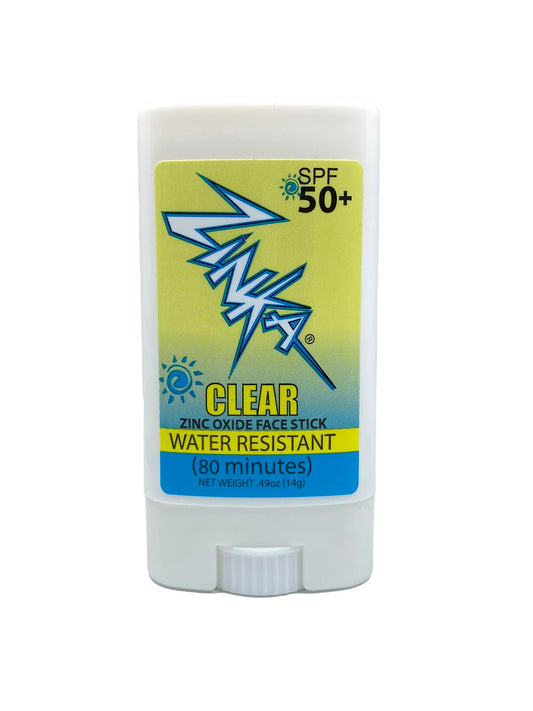 Zinka clear zinc oxide stick SPF50 cap showcases portable sun protection.