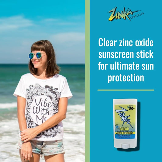 Zinka clear zinc oxide stick SPF50 on skin demonstrates mess-free application.