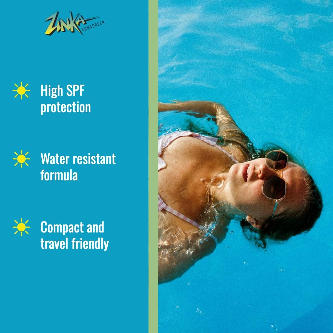 Zinka water-resistant sunscreen stick stays on skin up to 80 minutes during activity.