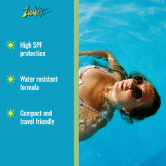 Zinka water-resistant sunscreen stick stays on skin up to 80 minutes during activity.