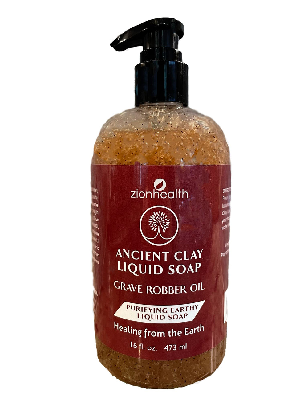 Zion Health liquid soap with Grave Robber Oil pour reveals earthy cleansing.