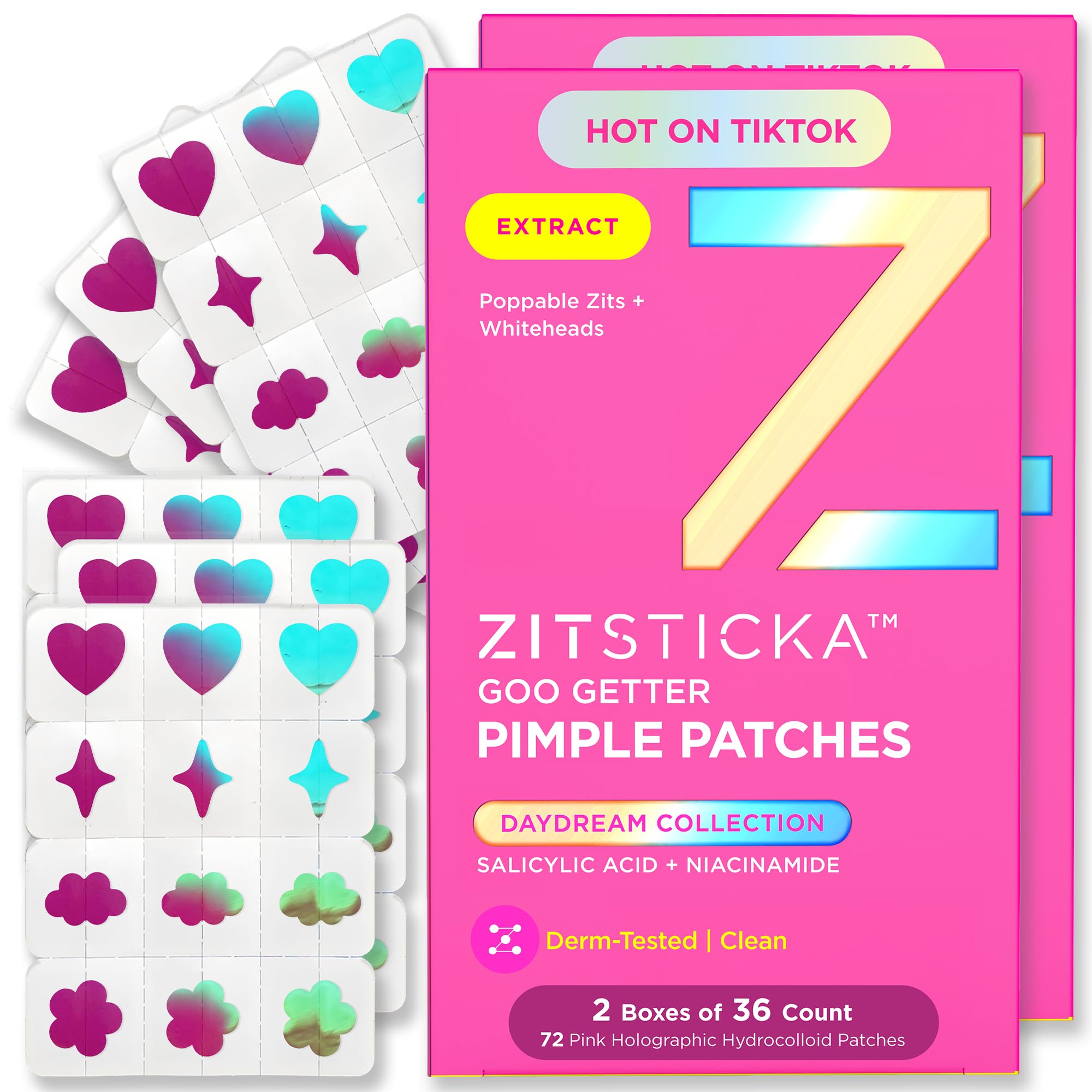 ZitSticka DreamHolo patches with pink-to-green shimmer for discreet blemish care.