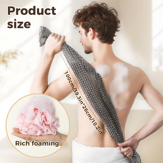 ZIVWAGX exfoliating shower towel extended length reaches back and shoulders for full-body cleansing.