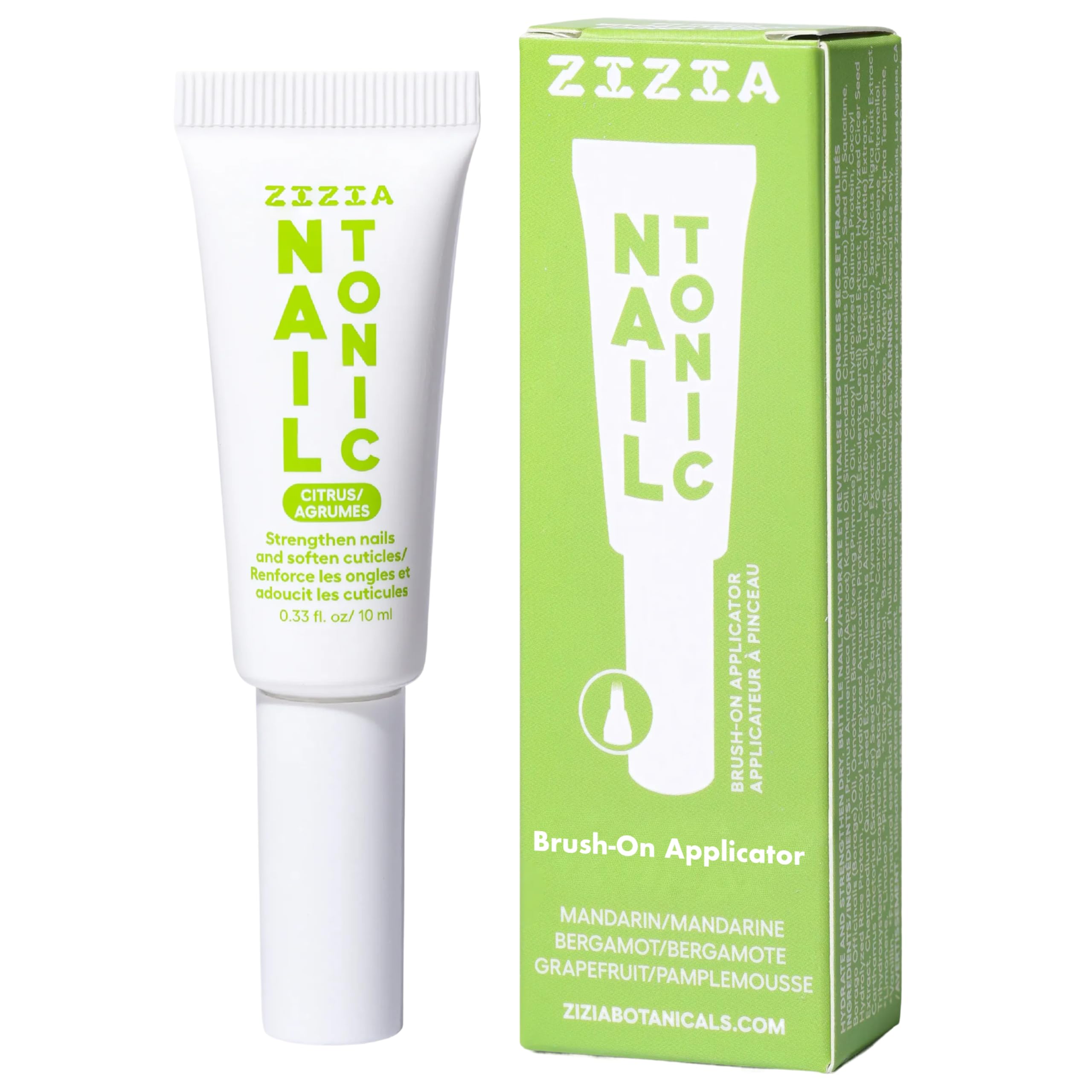 Zizia Botanicals Citrus Nail Tonic bottle with built-in brush for quick nail hydration.