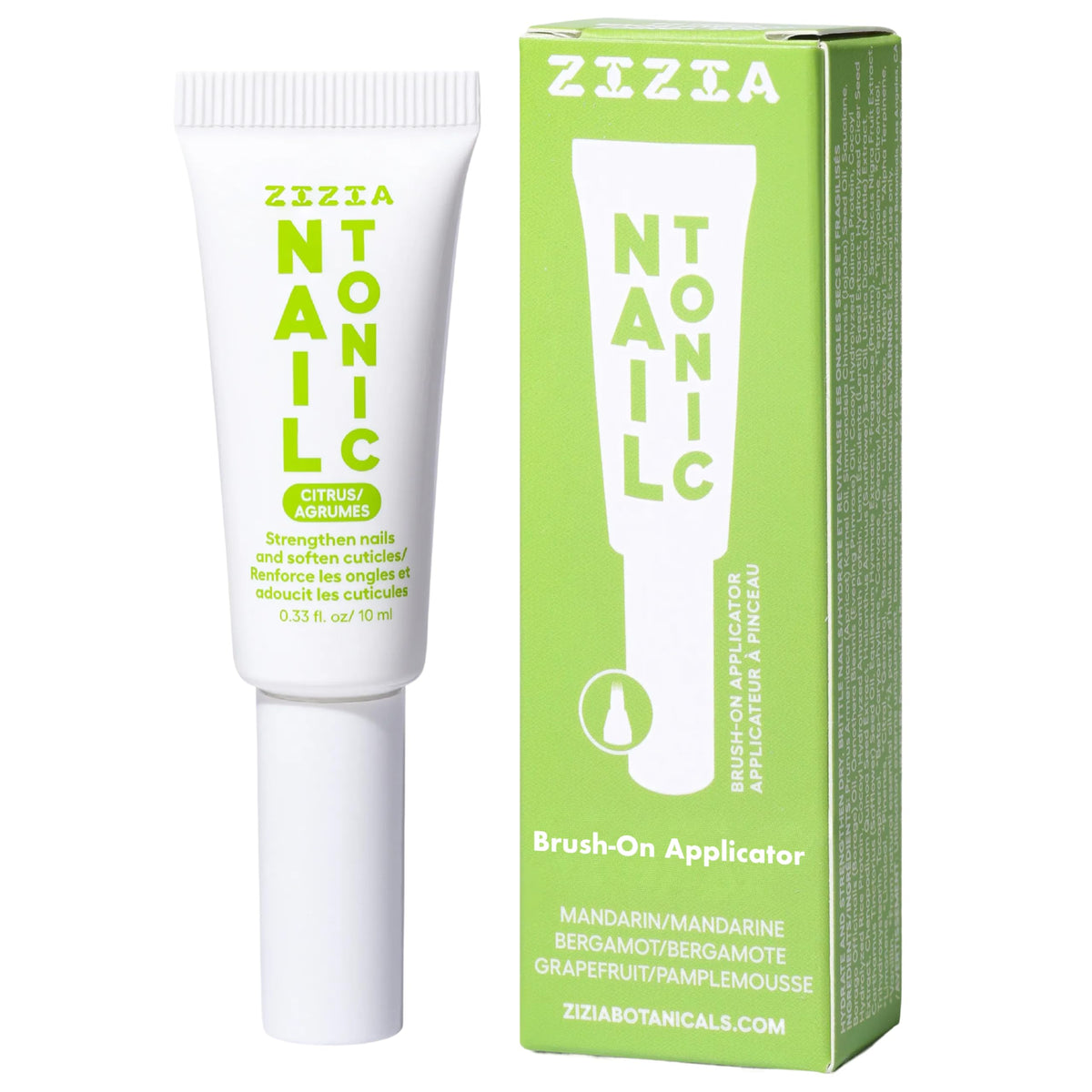 Zizia Botanicals Citrus Nail Tonic bottle with built-in brush for quick nail hydration.