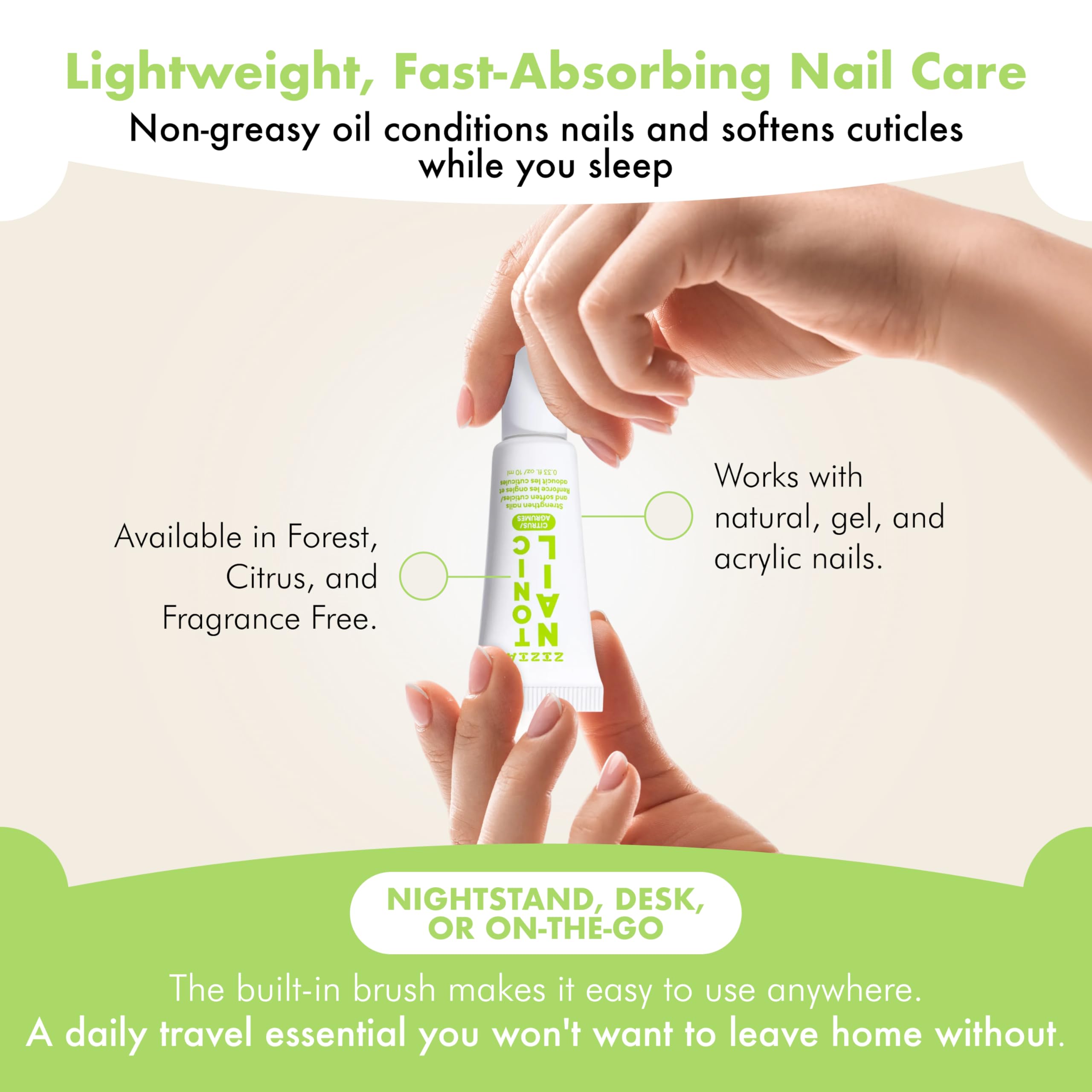 Zizia Botanicals Citrus Nail Tonic label highlights botanical oil blend and actives.