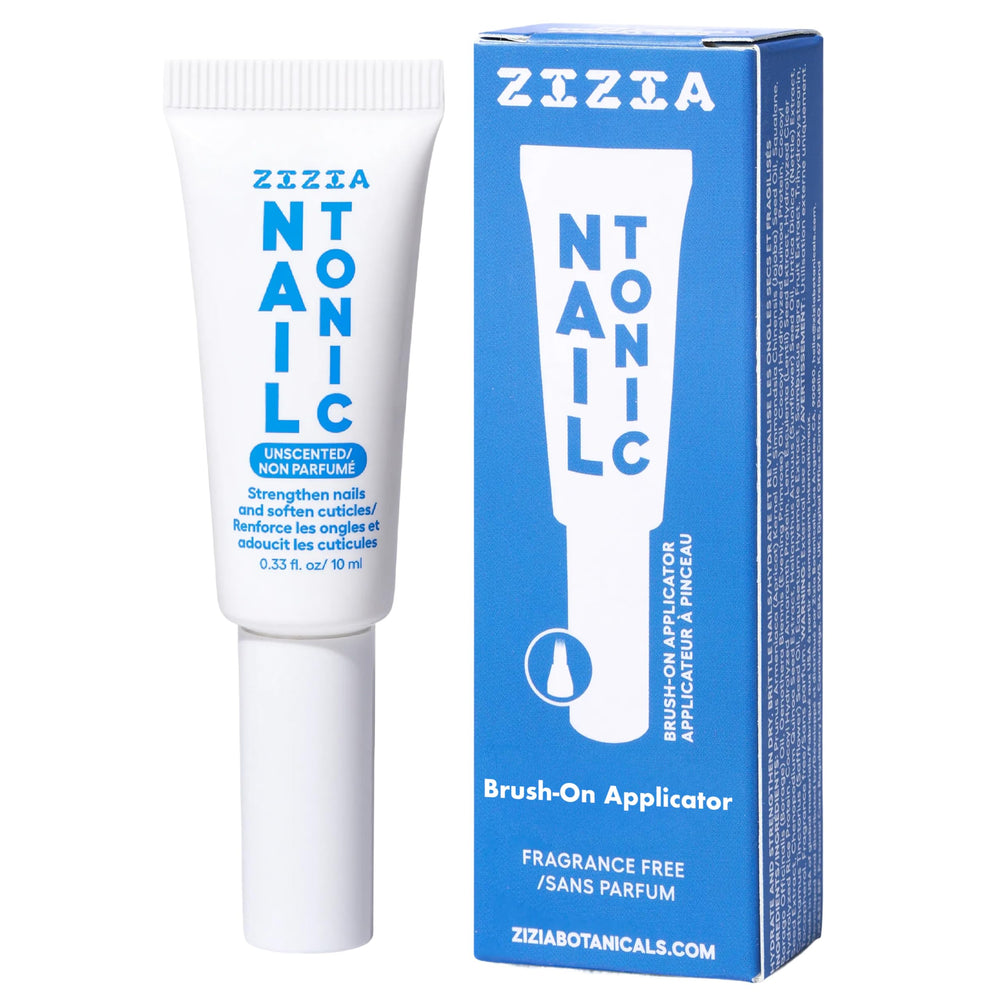Zizia Botanicals Unscented Nail Tonic bottle showing fragrance-free formula for daily care.