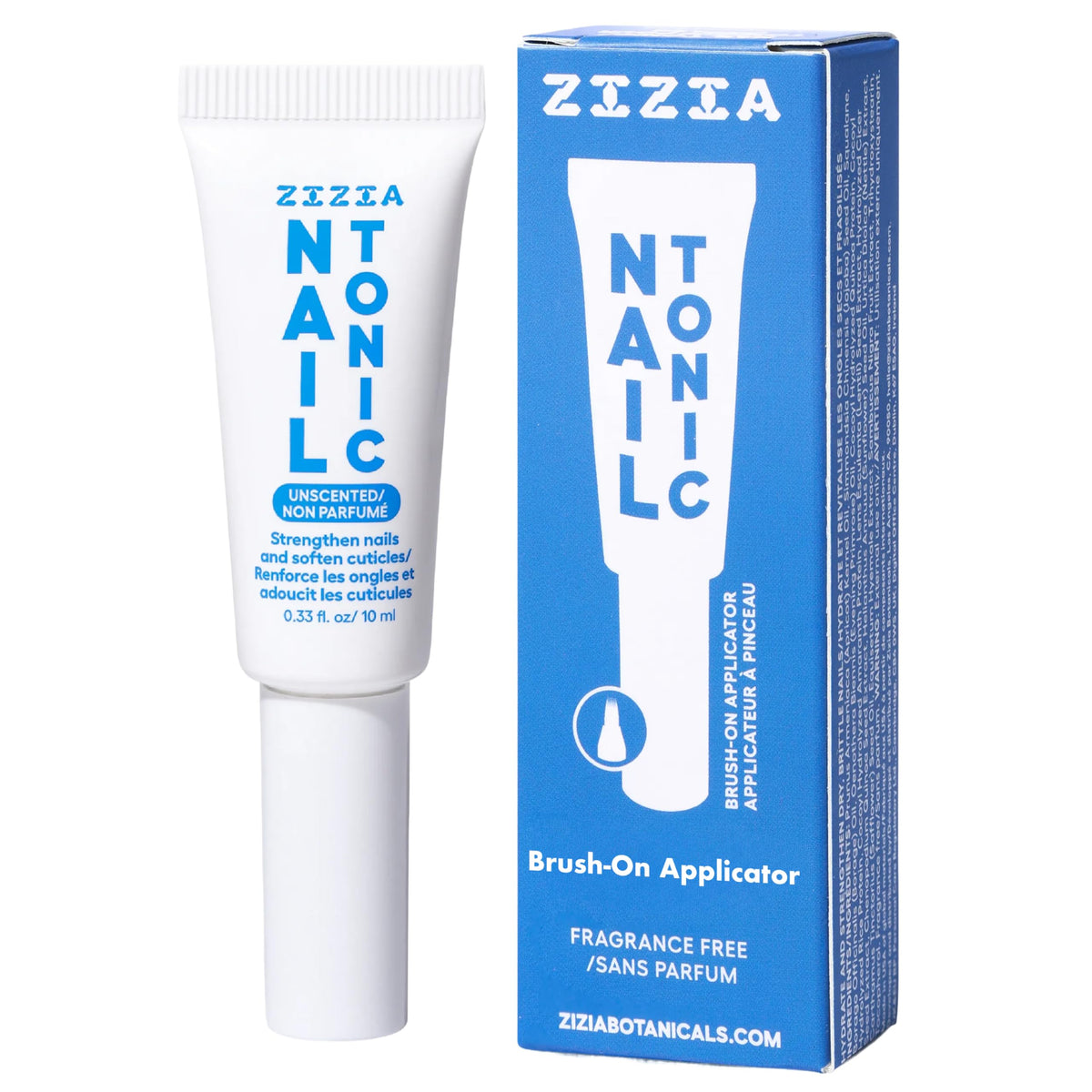 Zizia Botanicals Unscented Nail Tonic bottle showing fragrance-free formula for daily care.