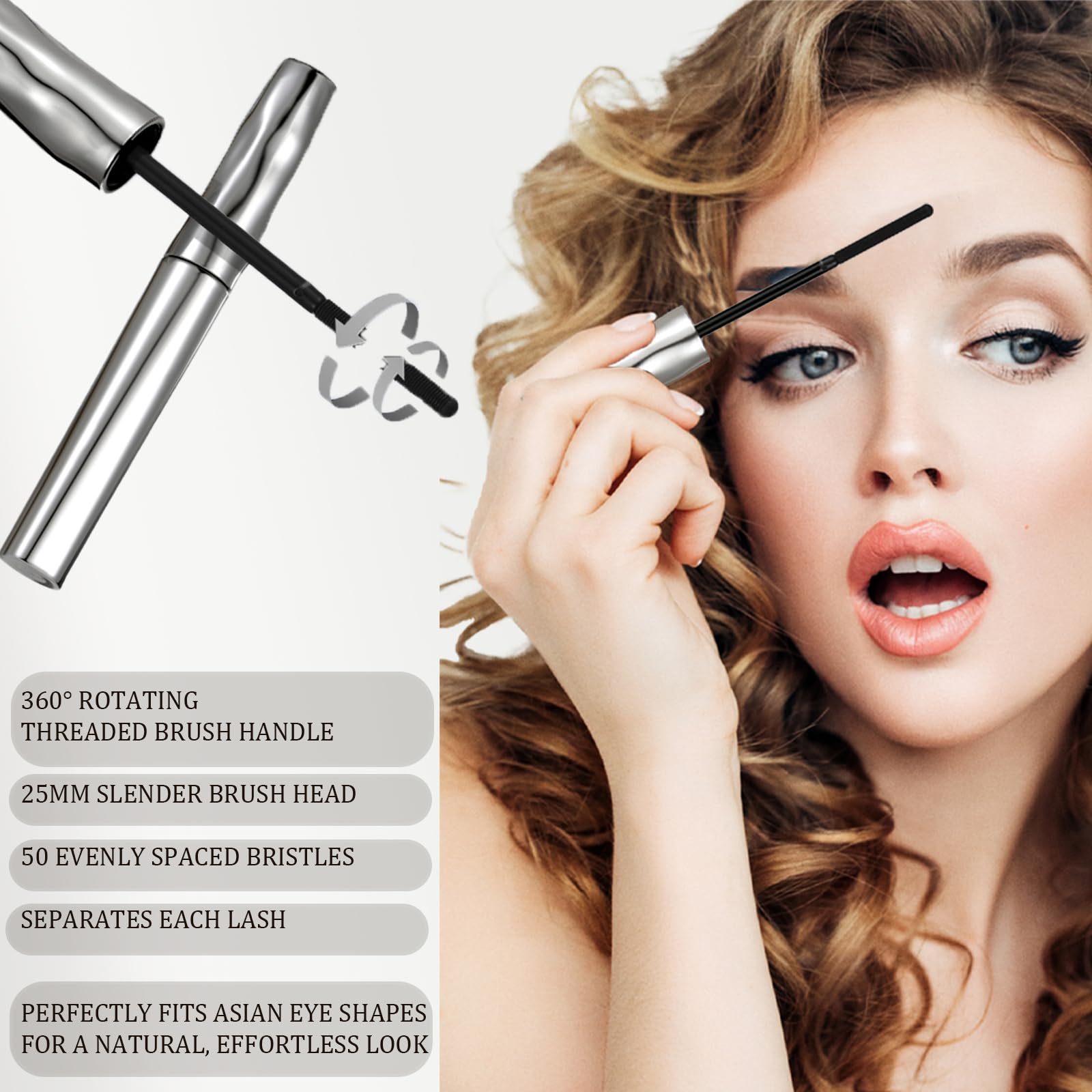 ZkYo mascara wand with curved brush for precise, lifted application.