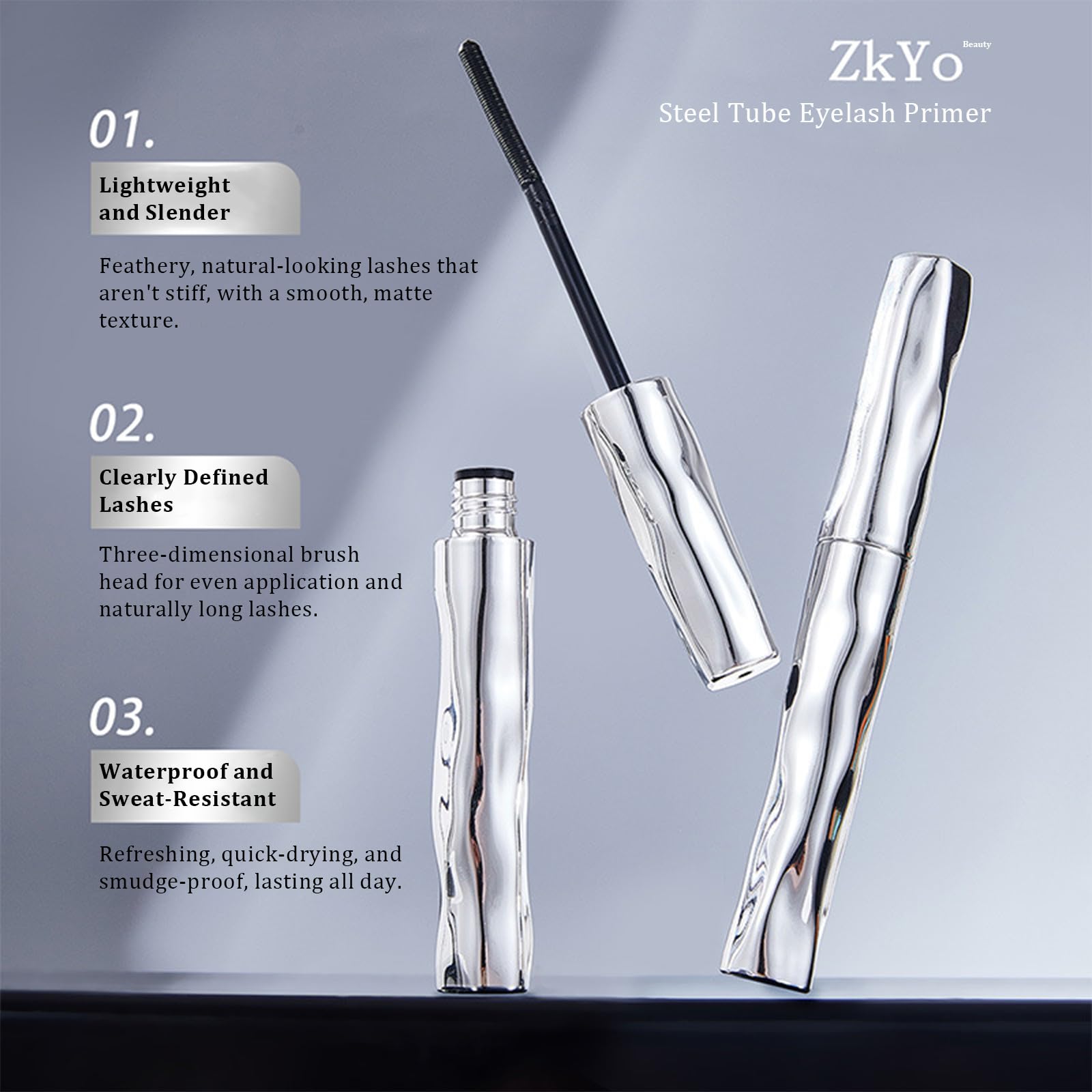 ZkYo Beauty eyelash primer on lashes illustrating full lift and separation.