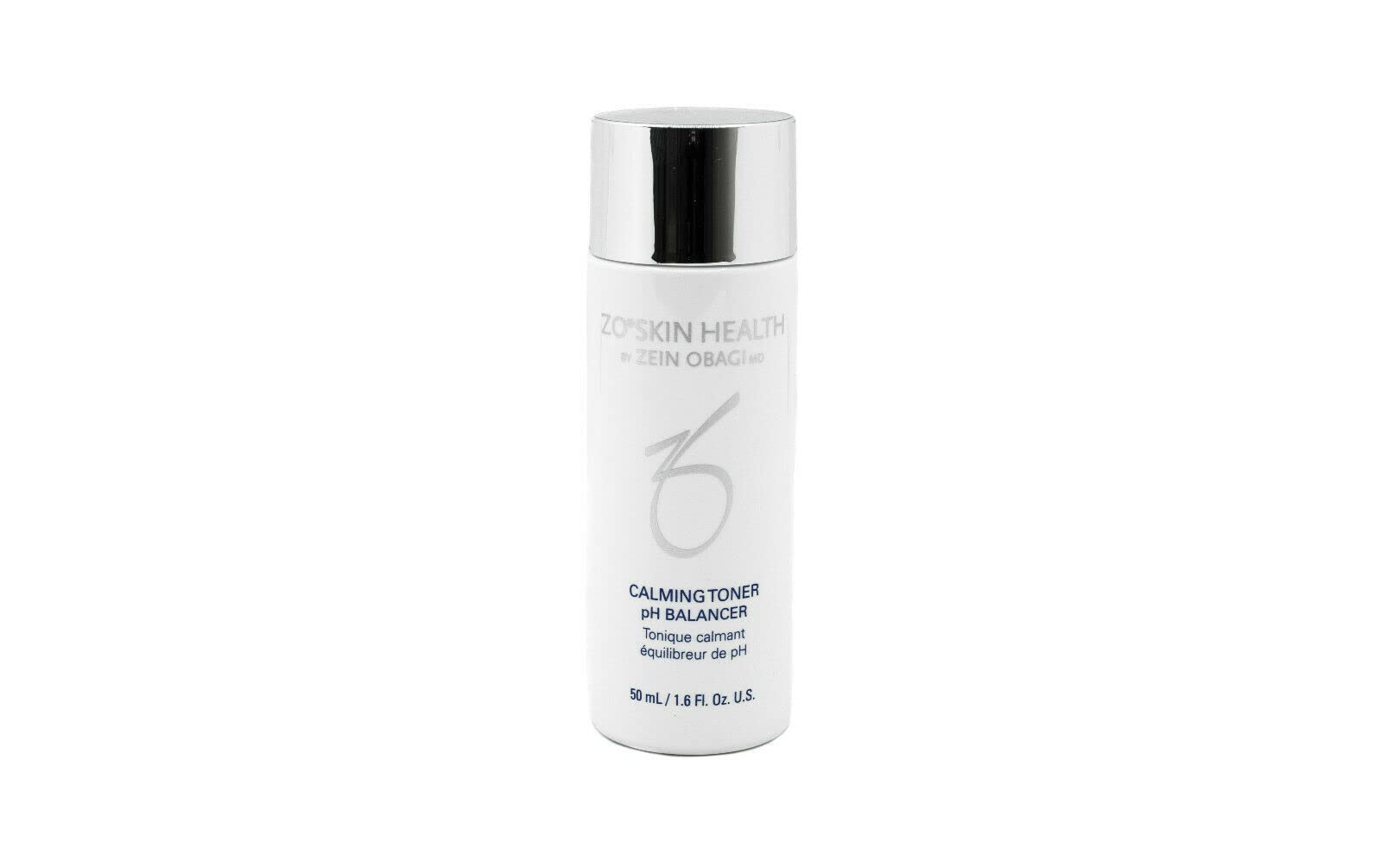 ZO SKIN HEALTH Calming Toner label highlights a pH-balanced formula for refreshed skin.