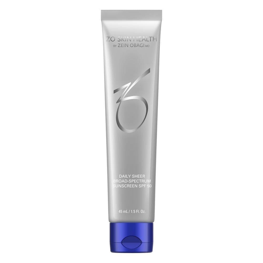 ZO Skin Health Daily Sheer SPF 50 bottle front shows a lightweight, hydrating sunscreen for daily protection.